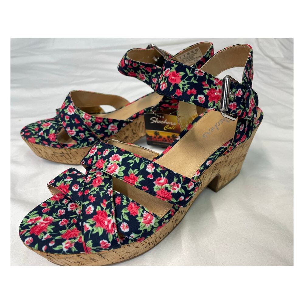 Skechers Cali Navy Dream Flower Strappy Cork Platform Sandal NWT Size 8